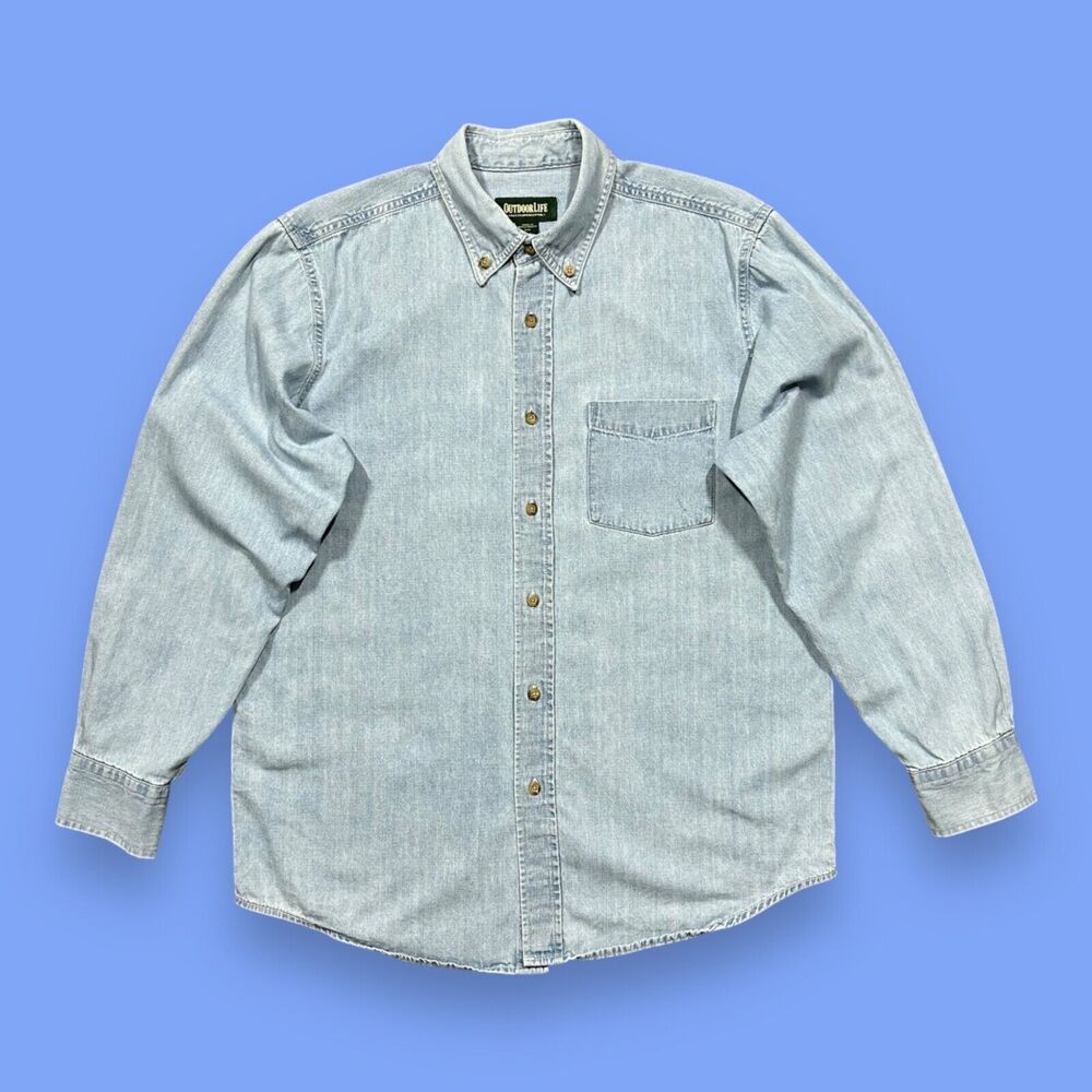 Vintage Denim Shirt y2k Long Sleeve Button Up Faded Blue Cotton Mens Medium